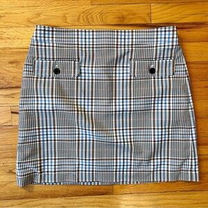 LOFT Brown & Blue Plaid High Rise Pencil Skirt w/ Buttons